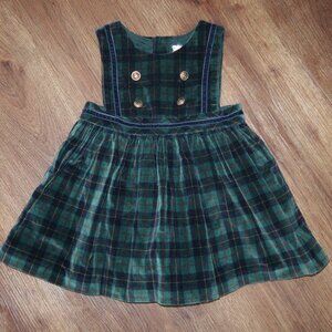 Vintage Girls Navy Blue Green Tartan Plaid Velvet Jumper Dress Gold Buttons 24m